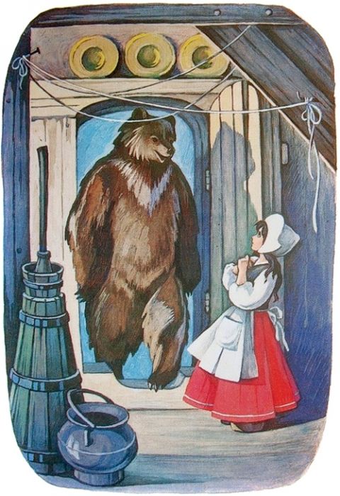 Медведь сразу же просунул в дверь свою огромную черную голову