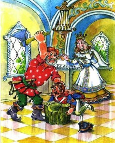 прижал его буйную голову к плахе и поднял топор