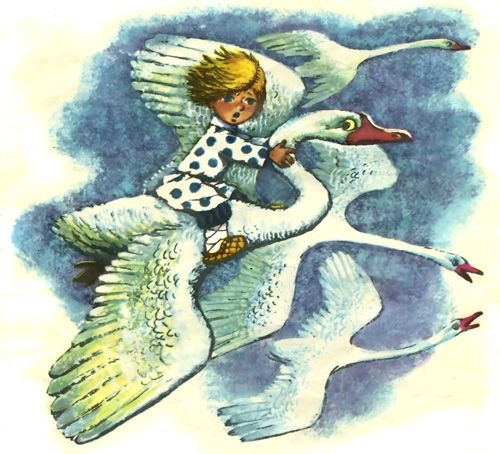 Налетели гуси – лебеди, подхватили мальчика, унесли на крыльях