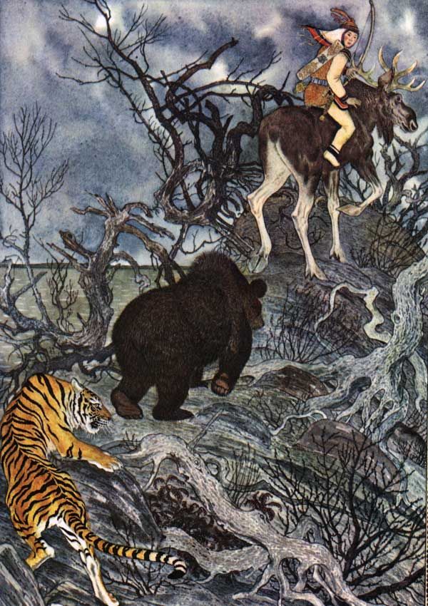 Бежит амба-тигр за медведем, а мапа-медведь за длинноногим лосем