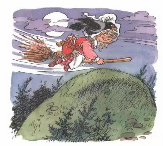 Баба-Яга с вороном на плече летит на метле