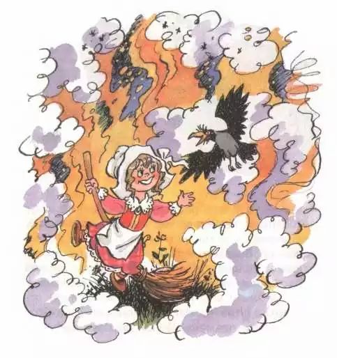 Баба-Яга и ворон кружатся в дыму и огне